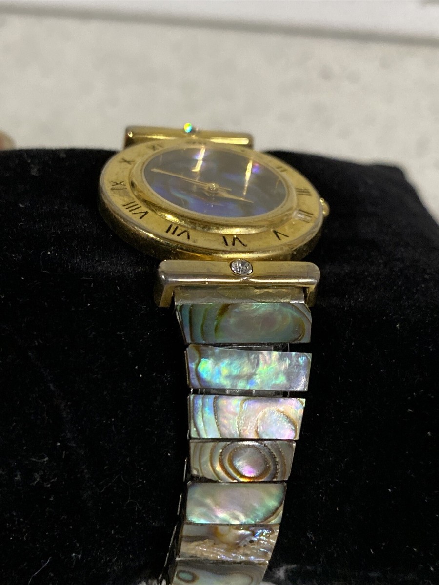 Vtg LA Express Watch Women 24mm Gold Tone Abalone Stretch  display picture 1