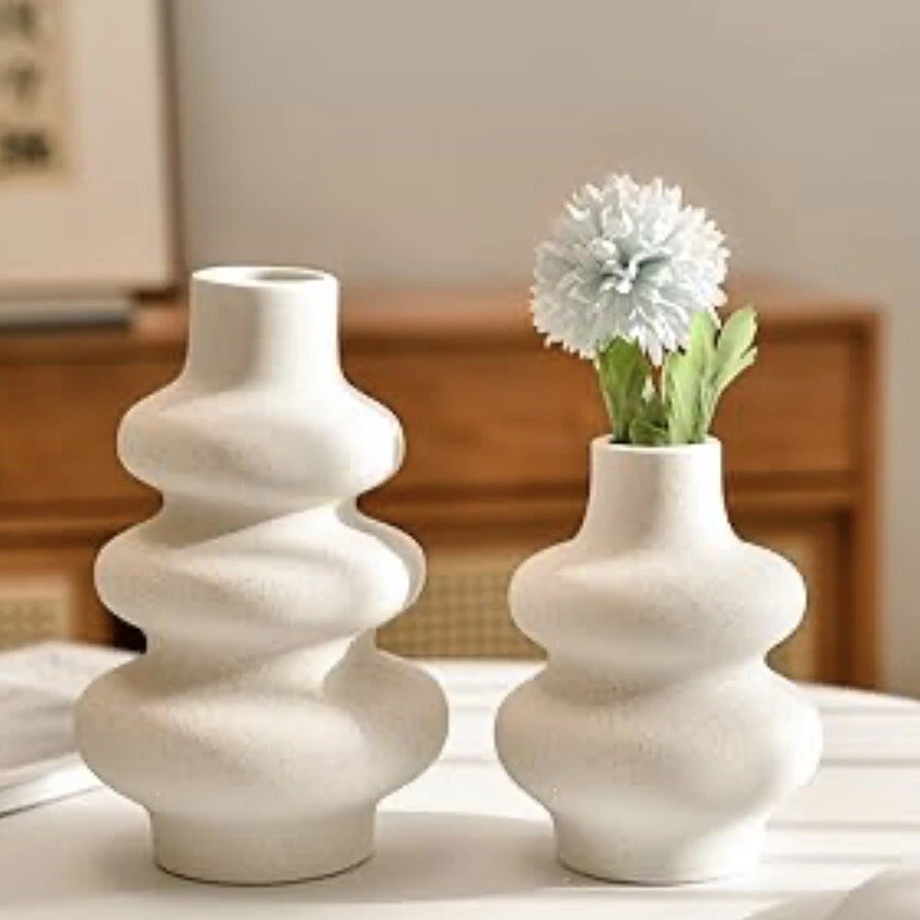 NEW West Elm Large Cream Stoneware Ceramic Geometric Flower Vase Décor Set of 2 - Image 4 of 4