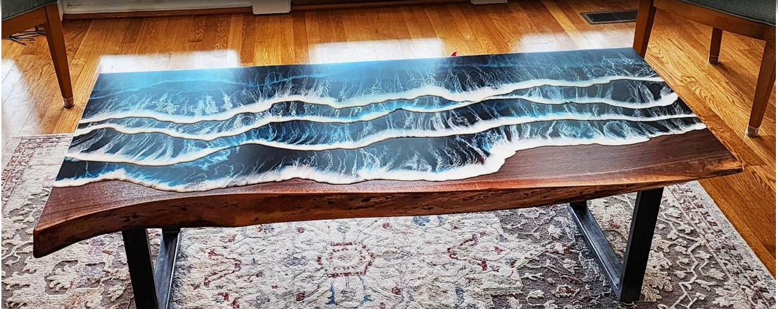 Ocean Resin Epoxy Table Blue Epoxy Dining Table, Live Edge Ocean Epoxy Table