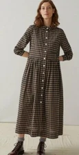 TOAST Japanese Cotton Check Collared Shirt Dress Size 8-Dark Navy/Biscuit