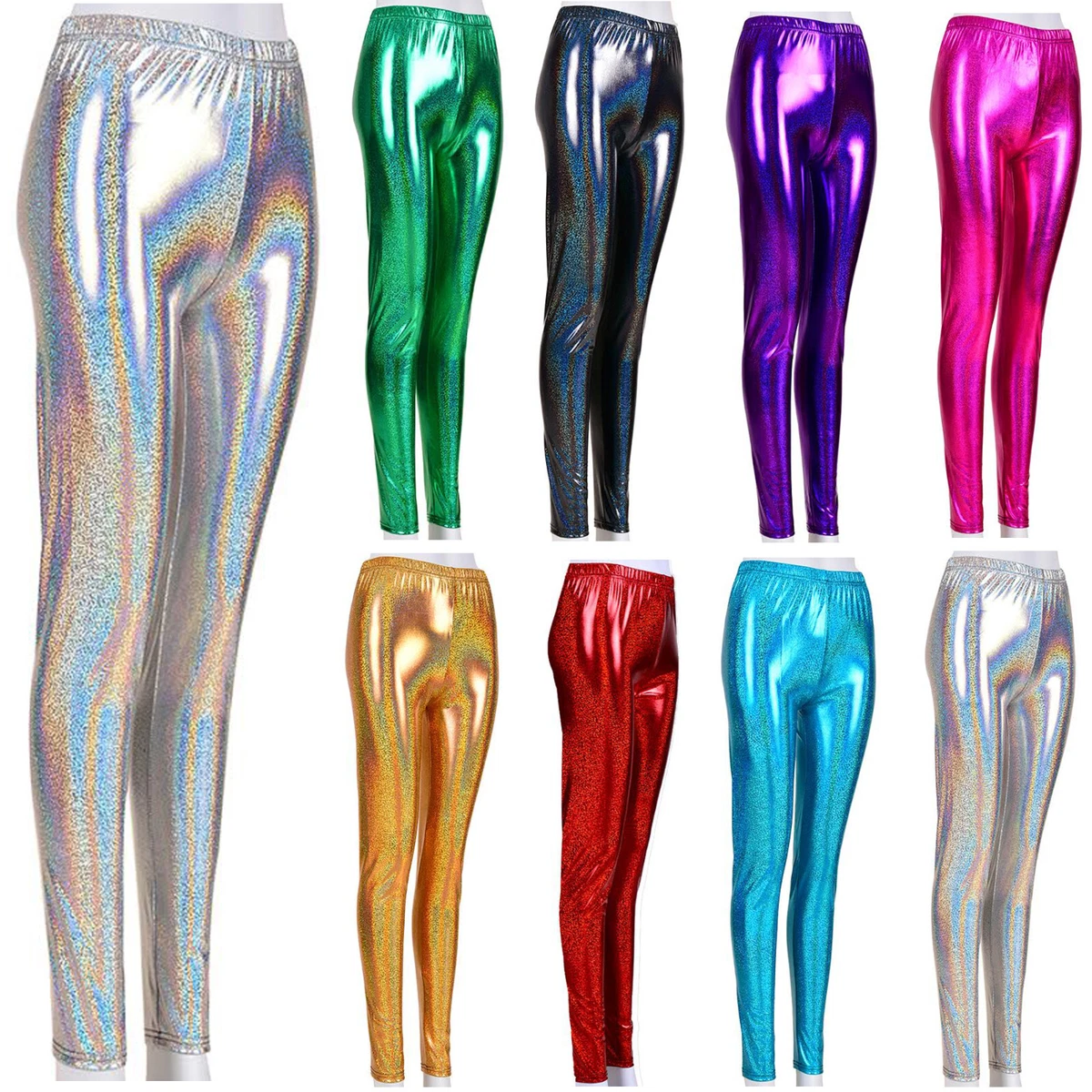 WOMENS WET LOOK METALLIC LEGGINGS LADIES DISCO FESTIVAL GLITTER CLUB | eBay