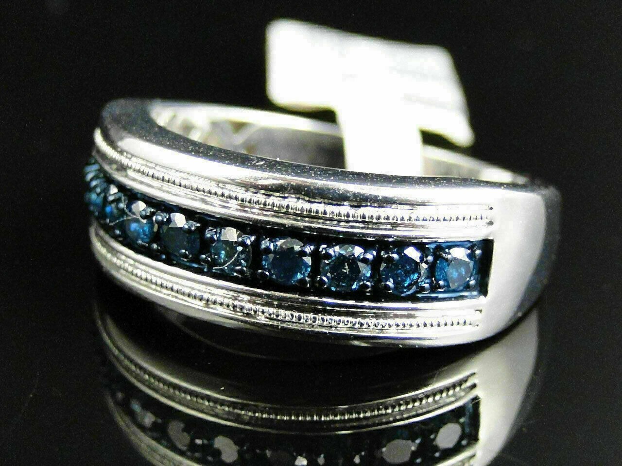 Round Cut LabCreated Blue Diamond Wedding Men's Band Ring 14K White