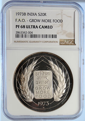 1973 INDIA FAO Grow More Food Wheat Lion Proof Silver 20