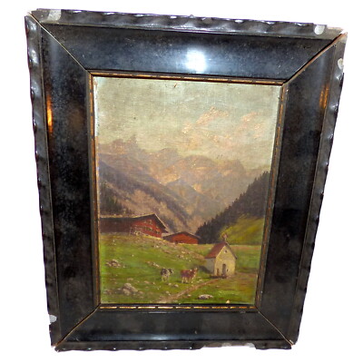 Katharina Correggio Bild Öl Gemälde Kühe Kapelle Gebirge Alpen 18x12,5cm 17880