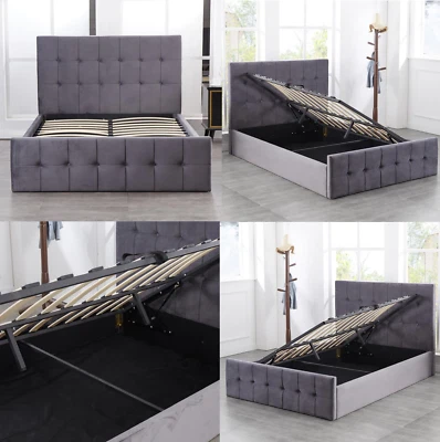 OTTOMAN STORAGE BED GREY VELVET TUFTED GAS SIDE LIFT BED 3FT 4FT 4FT6 MILANO
