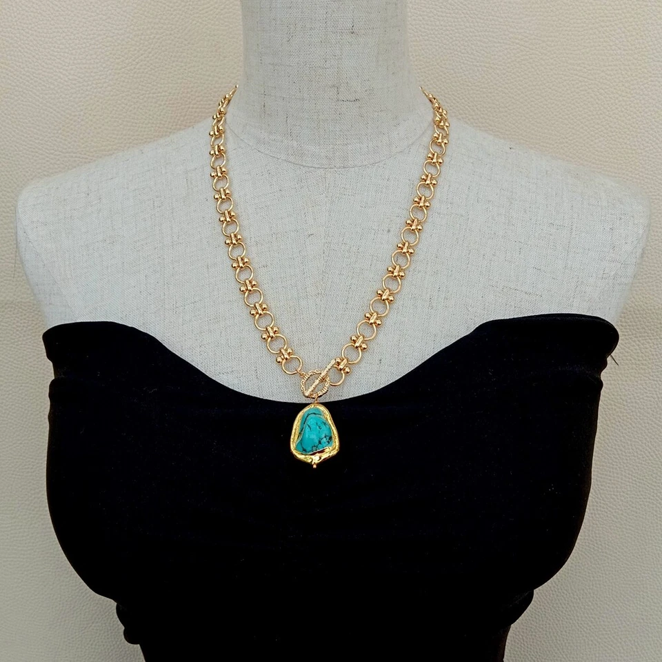 Gold Plated Chain Chokers Necklace Blue Turquoise Pendant Designer Gems Jewelry - image 2 of 4