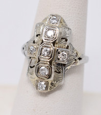 Antique 1920s Art Deco Filigree 18k White Gold  7 Diamond Cocktail Ring sz. 7