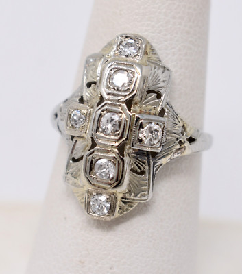 Antique 1920s Art Deco Filigree 18k White Gold & 7 Diamond Cocktail Ring sz. 7