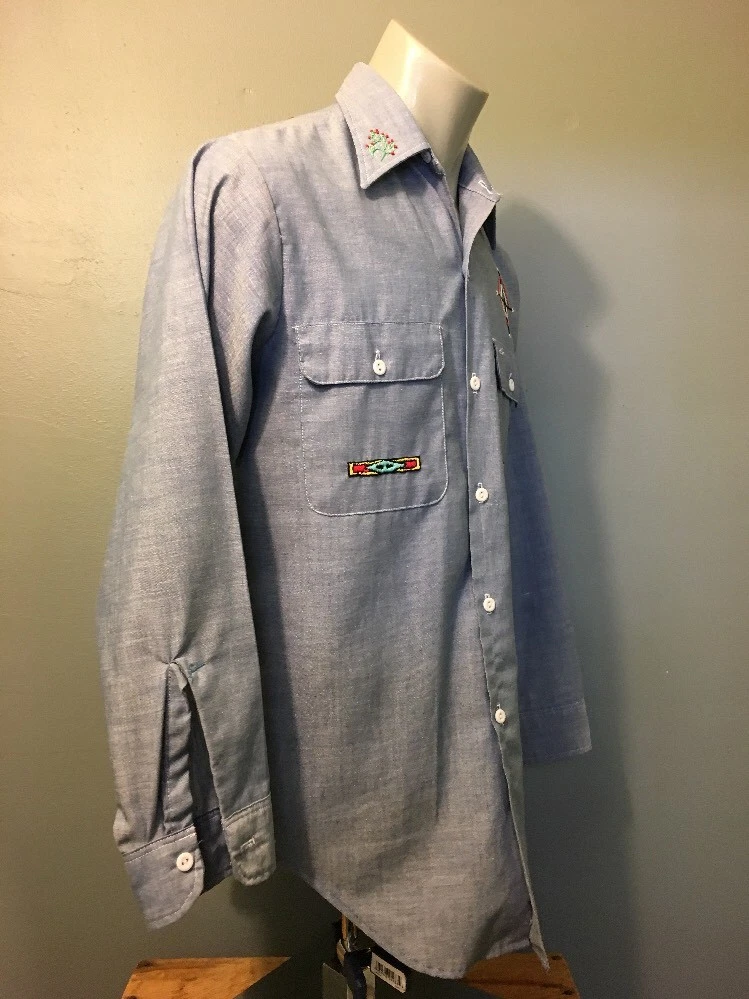 Vtg 70s 80s Penneys Cotton Blend Chambray Work Shirt Mens S Hippy Stitched Denim