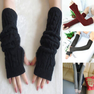 Winter Warm Knitted Fingerless Gloves Extra Long Women Ladies Arm Wrist Warmer