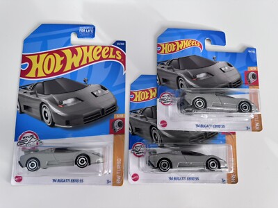 3x Hot Wheels '94 Bugatti EB110 SS HW Turbo 22 Short & Long Card (HCX91) Silber