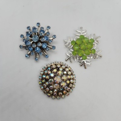 Lot Set of 3 Snowflake Brooch Pins Rhinestones Two Vintage