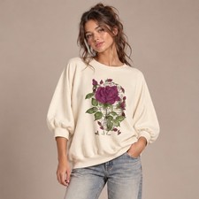 Vintage 90s Sloppy Joes Rose Sweatshirt One Size Cream Purple Floral Made in USA