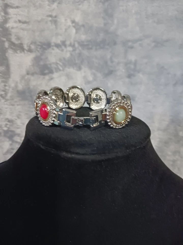 Pulsera de eslabones de piedra múltiple tono plata cabujón gema boho vintage 7,5 pulgadas joyería Foto 3 de 4