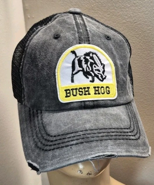 Bush Hog Trucker Hat Distressed Baseball Cap Black Mesh BUSH HOG HAT