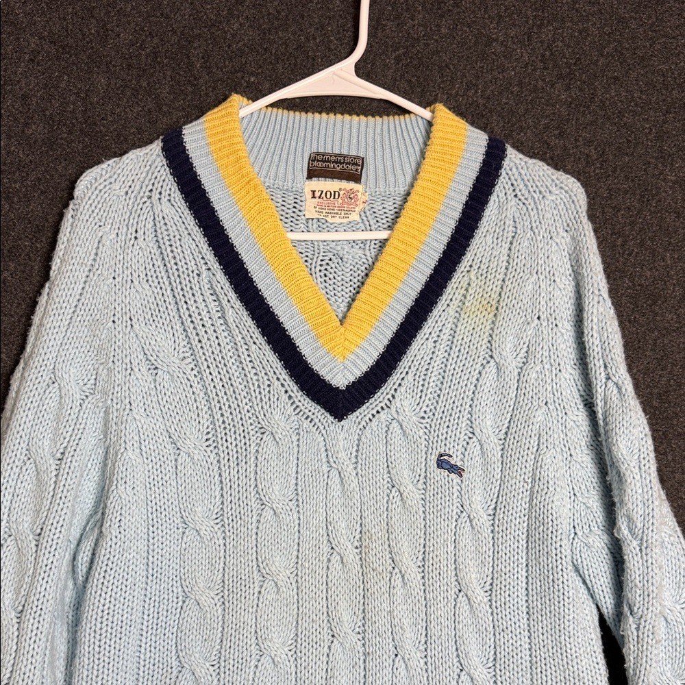 1970s Izod Lacoste Pastel Blue  V-Neck Sweater with Yellow and Navy Trim Large thumbnail 3
