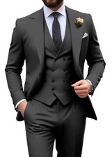 HUEZOE Mens Suit Slim Fit 3 Piece Double Breasted Dark Grey Suit Men Formal