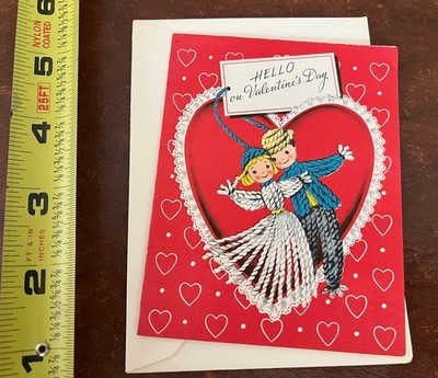 UNUSED Vintage Valentine's Day Card Yarn Doll Boy Girl Lacy Heart ''Hello'' w/ Env