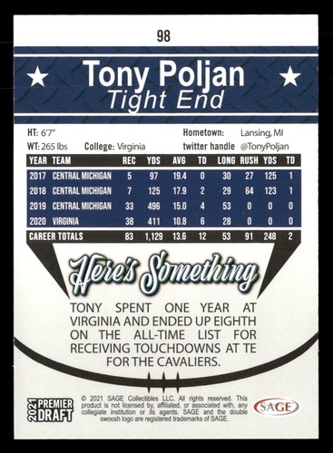 2021 SAGE Premier Draft #98 Tony Poljan Virginia Cavaliers - Foto 2 di 2
