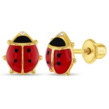 Enamel Ladybug Red Kids Earrings Screw Back - 14k Gold over Sterling Silver