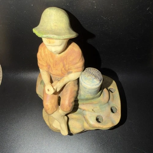 New ListingWeller Pottery Muskota Boy Fishing Flower Frog 1920's