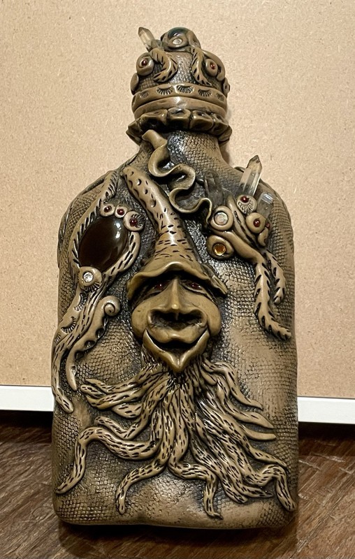 Peruvian, handmade  Flask, Clay, Shaman, Wizard, 3 Crystals , Machu Picchu PERU 