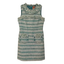 Tory Burch Teal Green Striped Tweed Fringed Sleeveless Shift Dress Size 12