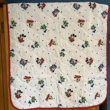 VTG Disney Babies Mickey Mouse 90s Quilted Baby Crib Blanket Red Trim 34x41