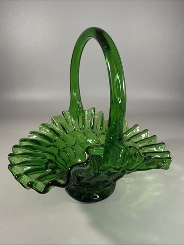 Vintage Fenton Green Hobnail Glass Basket 6.5” Tall. Very Beautiful!