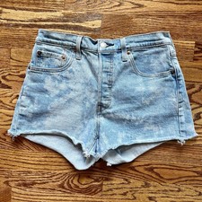 Levi's 501 Shorts Womens Blue High Rise Acid Wash Denim Cutoff Button Fly Sz 28