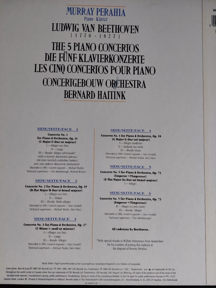 Beethoven: Die fünf Klavierkonzerte - Murray Perahia, Bernard Haitink - Box 3 LP - Bild 2 von 3