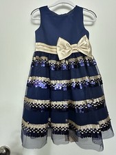Rare Editions Size 5T Girls "NAVY with GOLD SEQUINS" Stripe Bow Dress, Worn Once