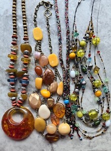 Beautiful Vtg Beaded Necklace LOT Fall Mixed Glass & Seed Beads Brown Faux Amber