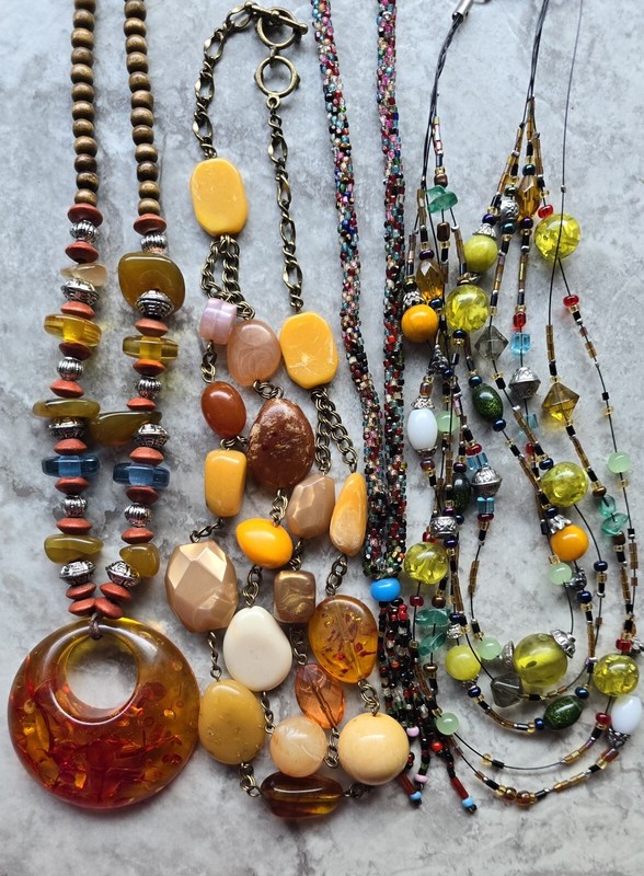 Beautiful Vtg Beaded Necklace LOT Fall Mixed Glass & Seed Beads Brown Faux Amber