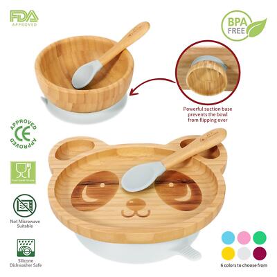 Bambus Panda Teller Schüssel & Löffel Set Saugnapf Stay-Put Design