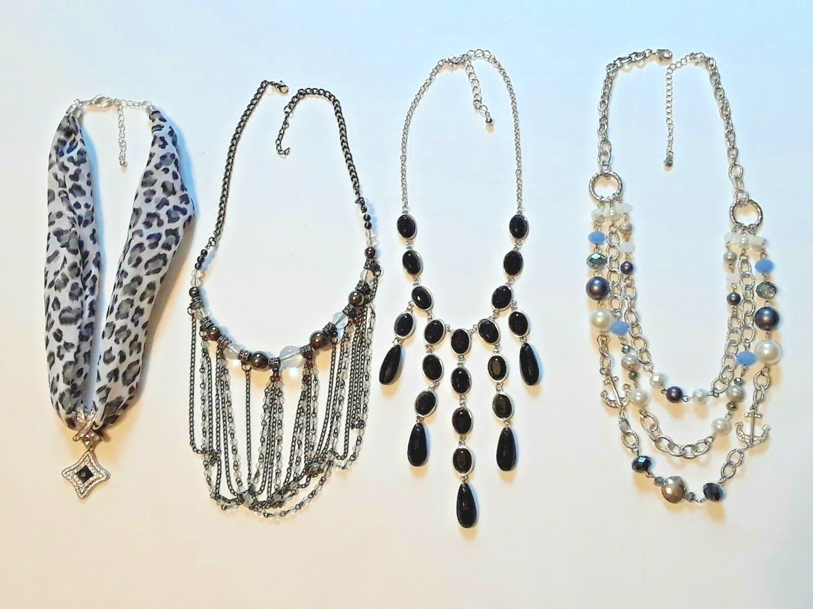 Stylish Rhinestone Anchor Scarf Necklace with Black Fringe Beaded Chain  -image