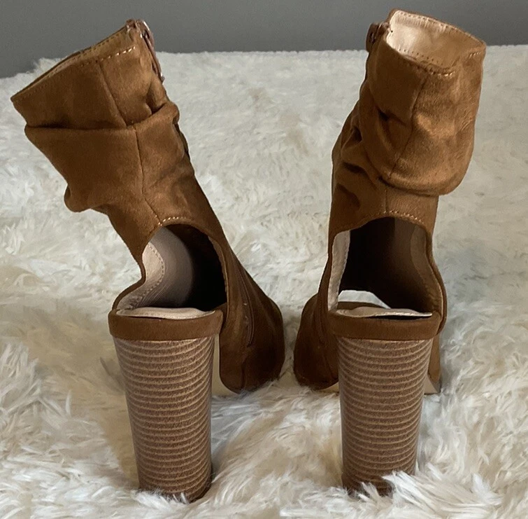 Liliana Anson-1 Ankle Boots Slouch Suede Peep Toe Chunky Heels Size 6 Tan NEW - Image 4 of 4