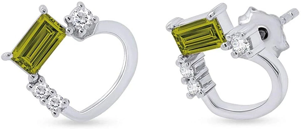 Pendientes Baguette Peridoto y Diamante Simulado Corazón Chapado en Oro Blanco 14K Plata Foto 2 de 4