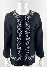 VTG Bob Mackie Studio Silk Top Sz 4 Petite Black White Floral Embroidered Blouse