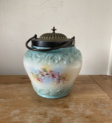 Antike viktorianische handbemalte Keramik Keks Keksdose 1886 Opal grün floral