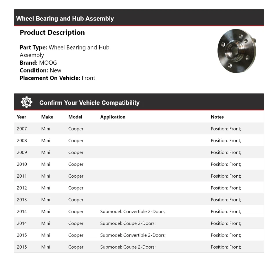 For 2007-2015 Mini Cooper Wheel Bearing and Hub Assembly Front MOOG 2007 2008 - Image 2 of 4