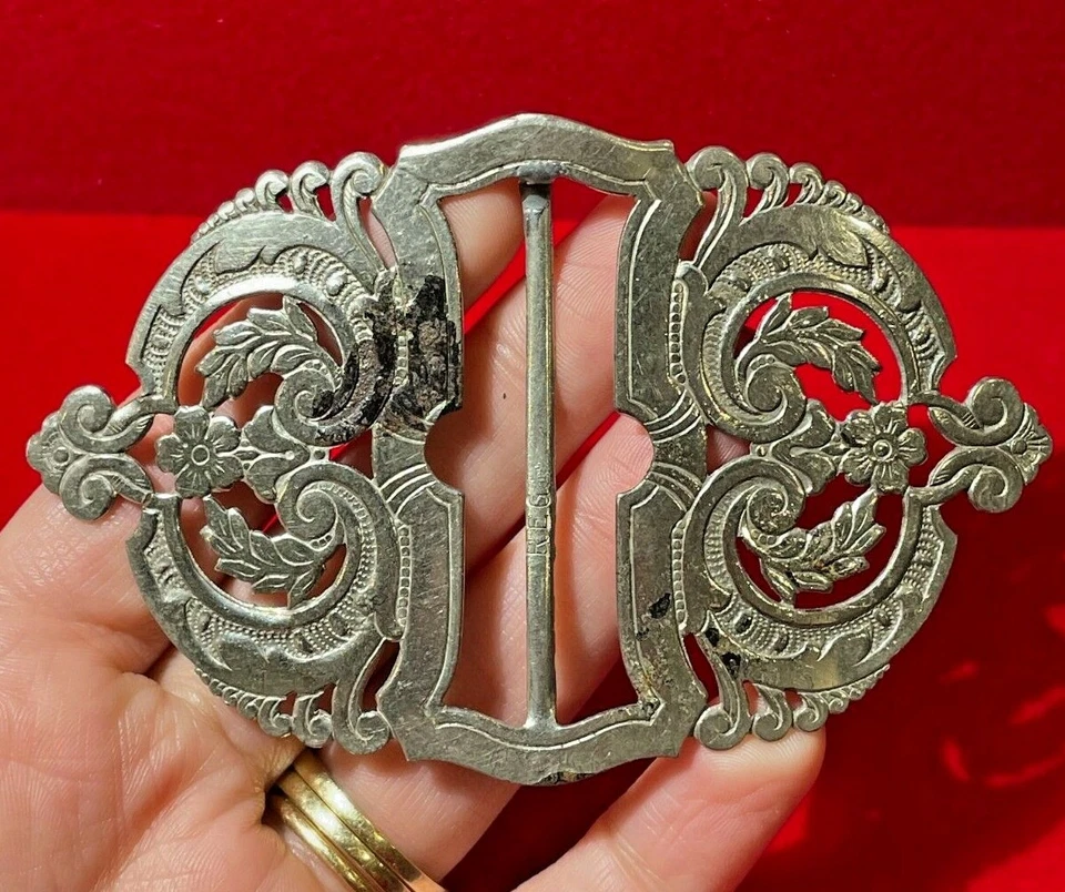 Vintage Argent Plaqué Orné Défiler Fleur Victorien Infirmière Boucle Ceinture CL - Photo 3/4