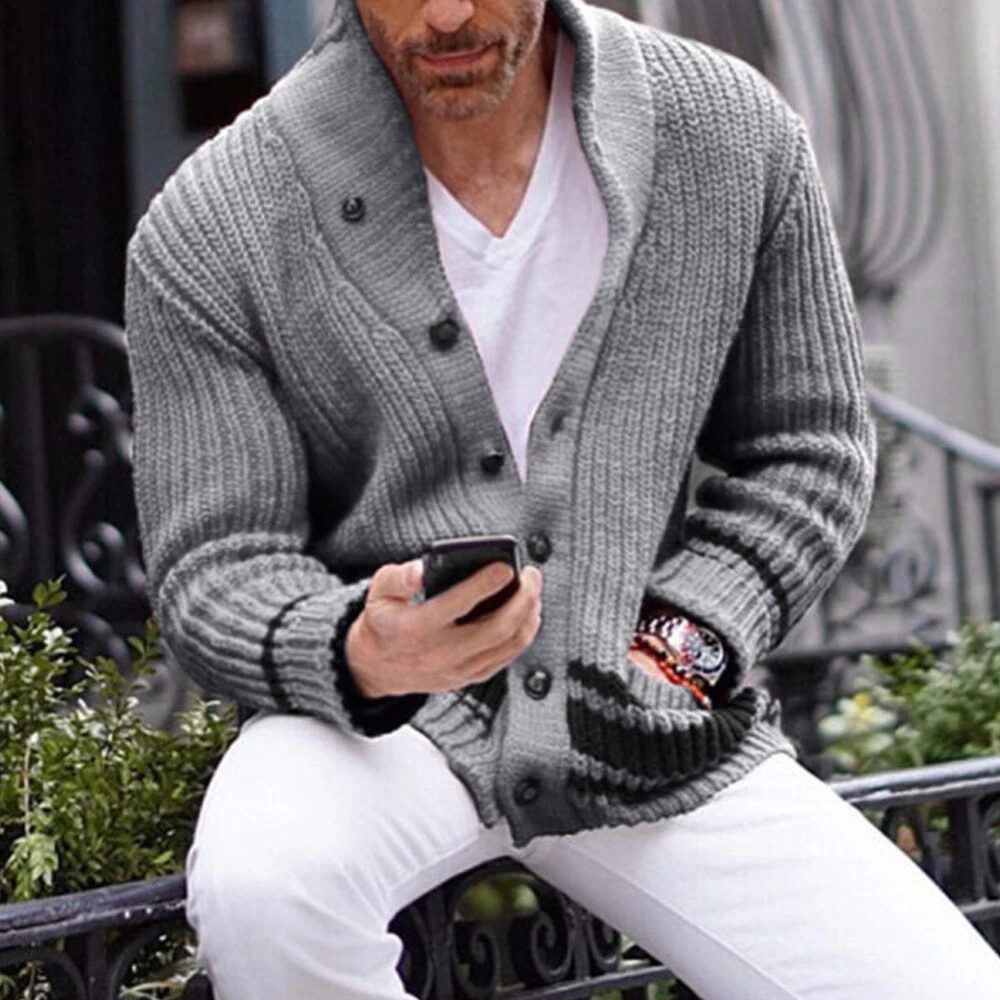 Men s Knitted Jacket Warm Scarf Neck Sweater Half High Neck Casual Tops Cardigan
