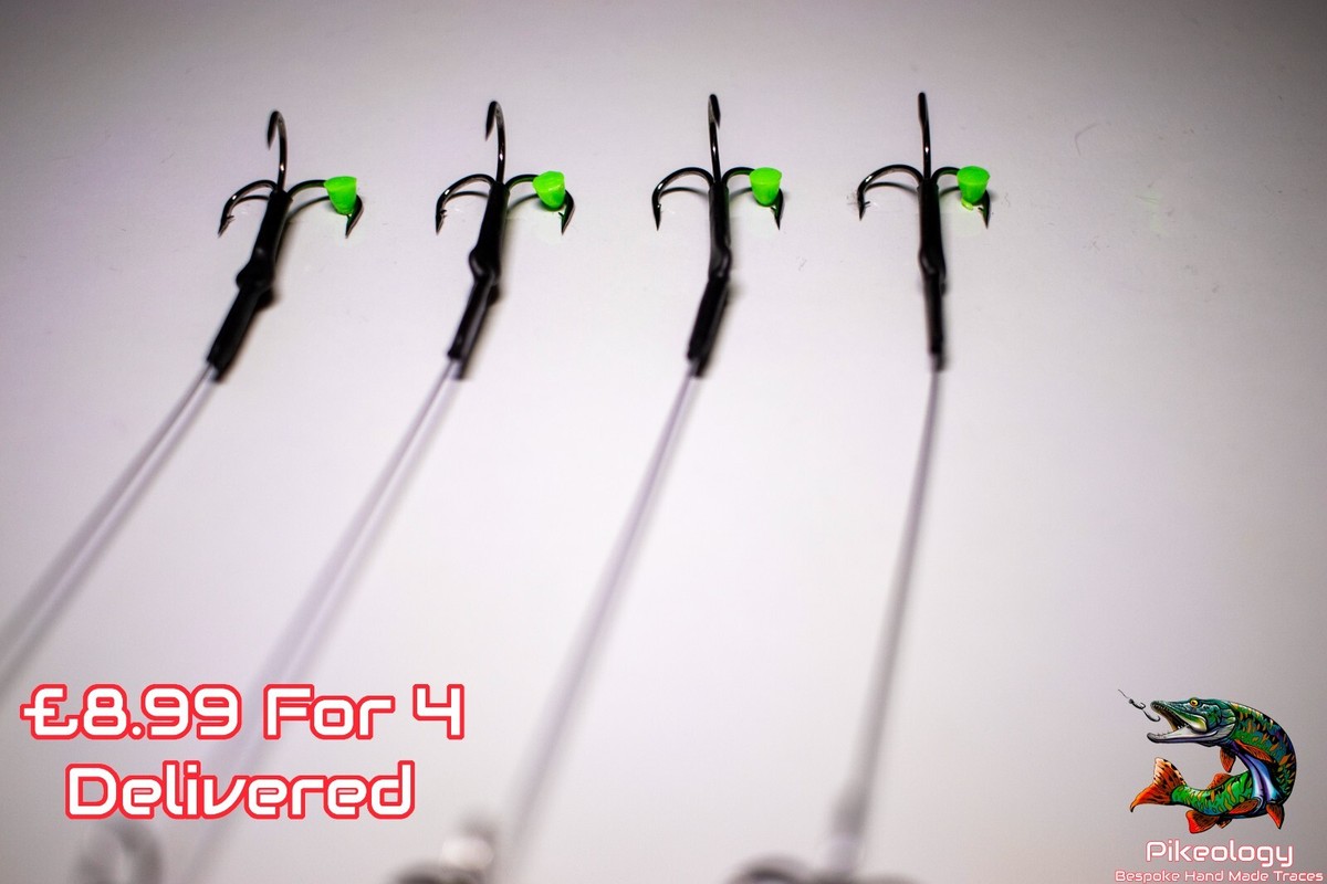 Hawkridge Predator Pike Snap Tackle Rigs - 4 Pack, 30cm Trace, Barbed Treble Hooks, Size 4/6/8-970772