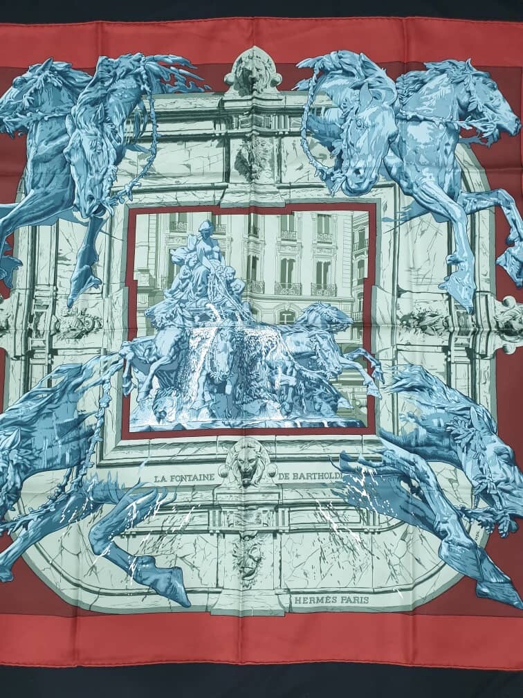Authentic Hermes Silk Scarf “LA FONTAINE DE BARTHOLDI” By RYBAL 90x90cm