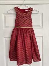 Ellie Tahari Long Sleeveless Dress Kids Size 6 Red Glitter Gold Trim Chiffon