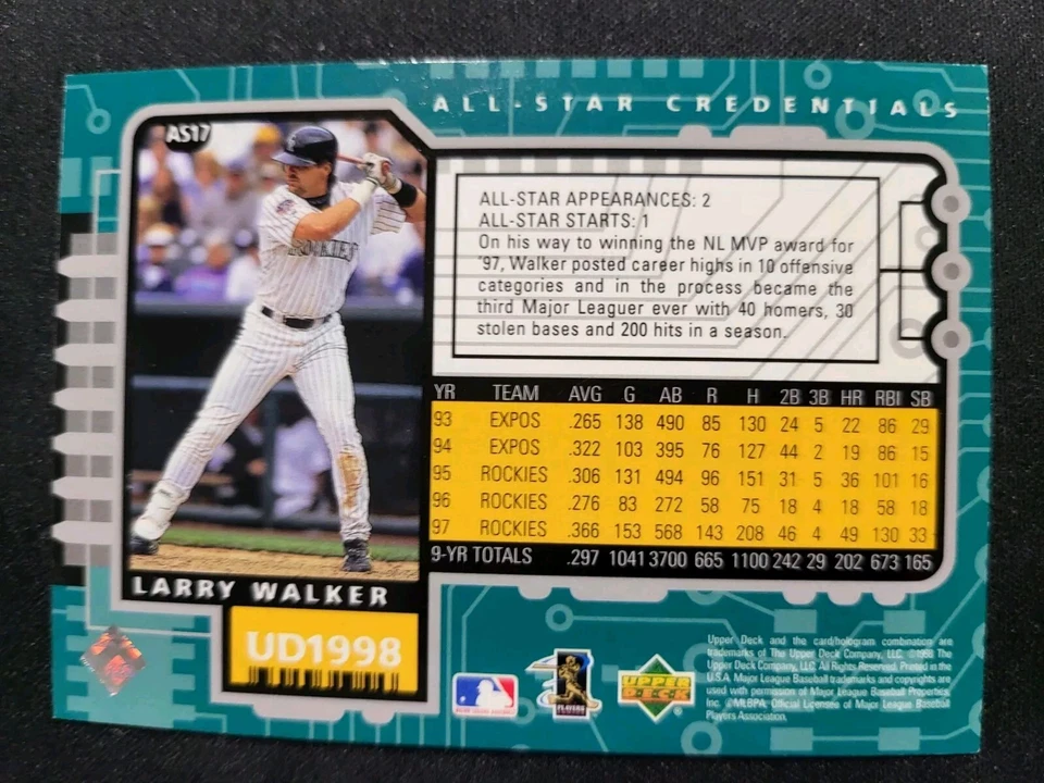 1998 Upper Deck Larry Walker ALL STAR CREDENTIALD FOIL card #AS17 rockies - Image 2 of 2