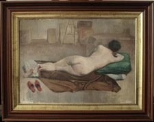 Tableau ancien, HST, Jeune femme, nu de dos à l'atelier du peintre, signé