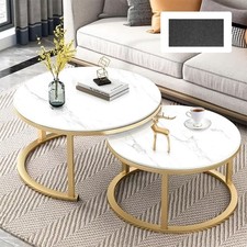 Round Coffee Table Set of 2 Stacking Side End Table Nesting Tables Marble Effect