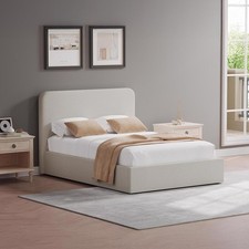 Beige Upholstered Double Ottoman Bed Padded Frame Hydraulic Gas Lift Linen